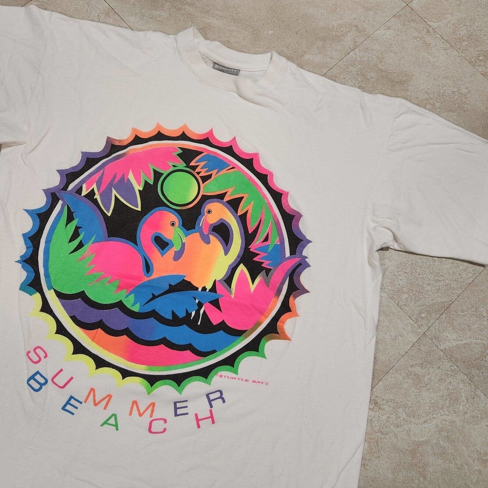 VTG 90s Flamingo Summer Beach Turtle Bay Single Stitch Tee T Shirt Adult Men 2XL
